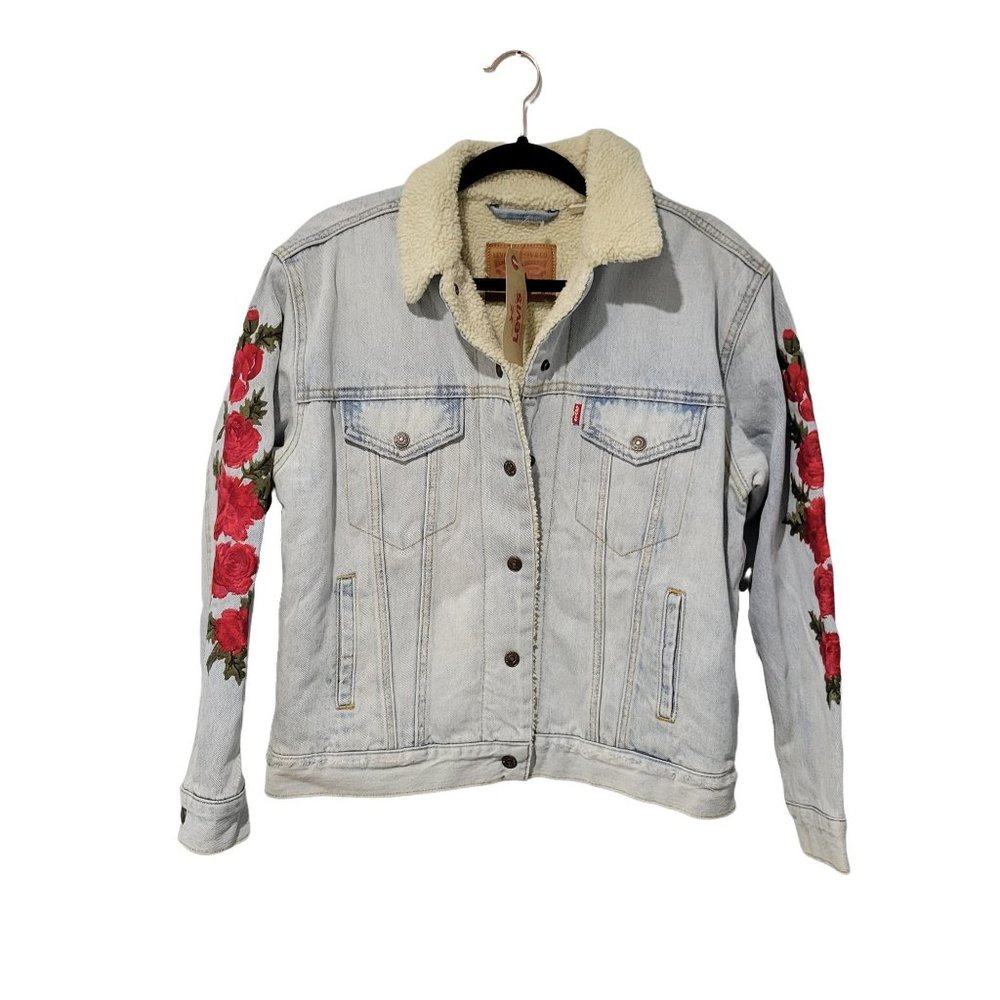 Women's Blue Ex-boyfriend Floral-embroidered Denim Sherpa Trucker Jack… - Picture 4 of 12
